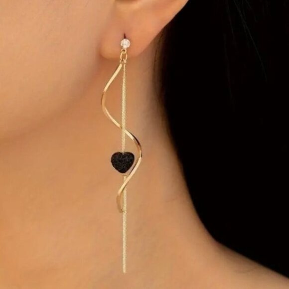 18k Gold Plated Black Rhinestone Heart Drop Earrings - Picture 1 of 3